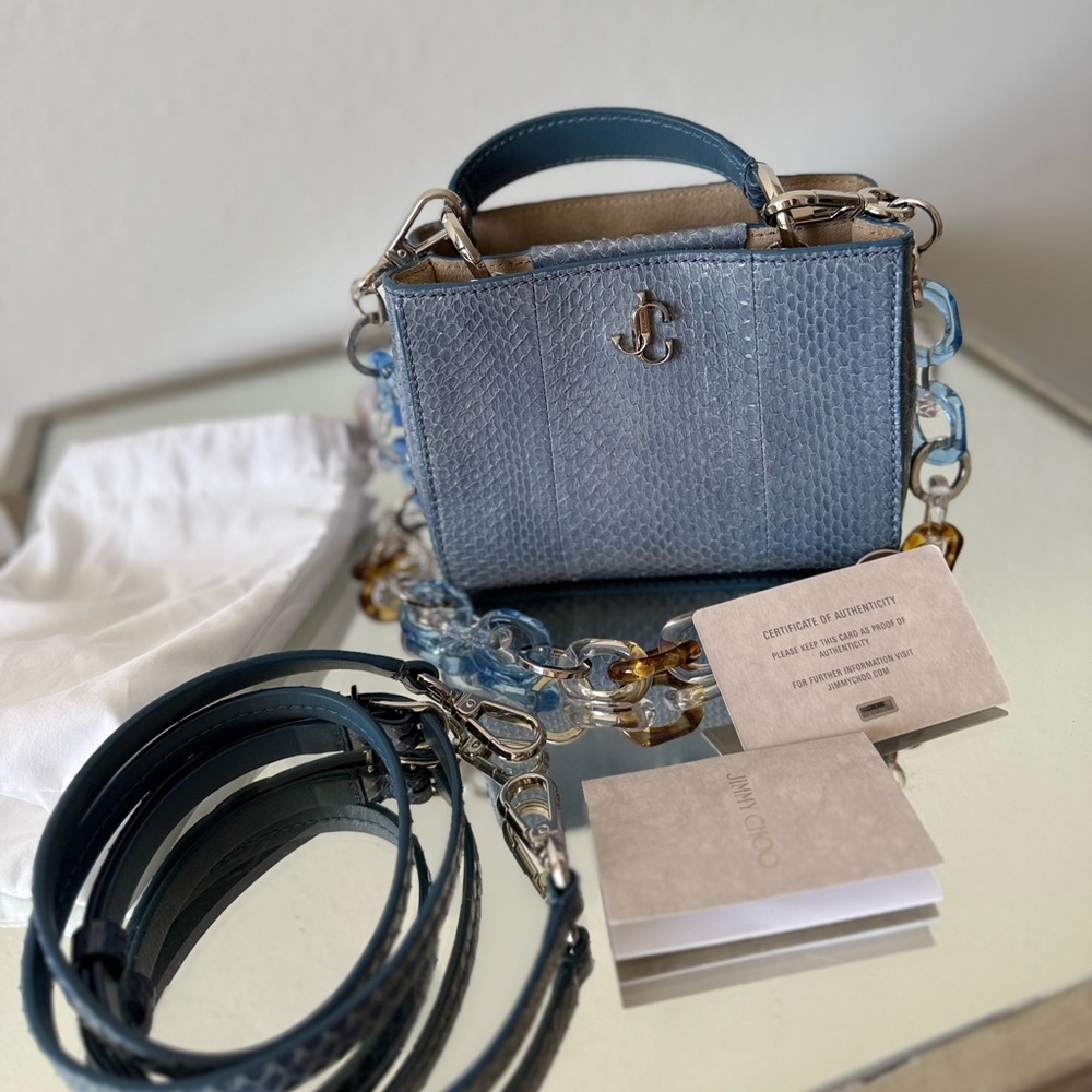 JIMMY CHOO Varenne Top Handle Blue Glossy Elaphe Mini Handbag Plexi Chain - Picture 14 of 14